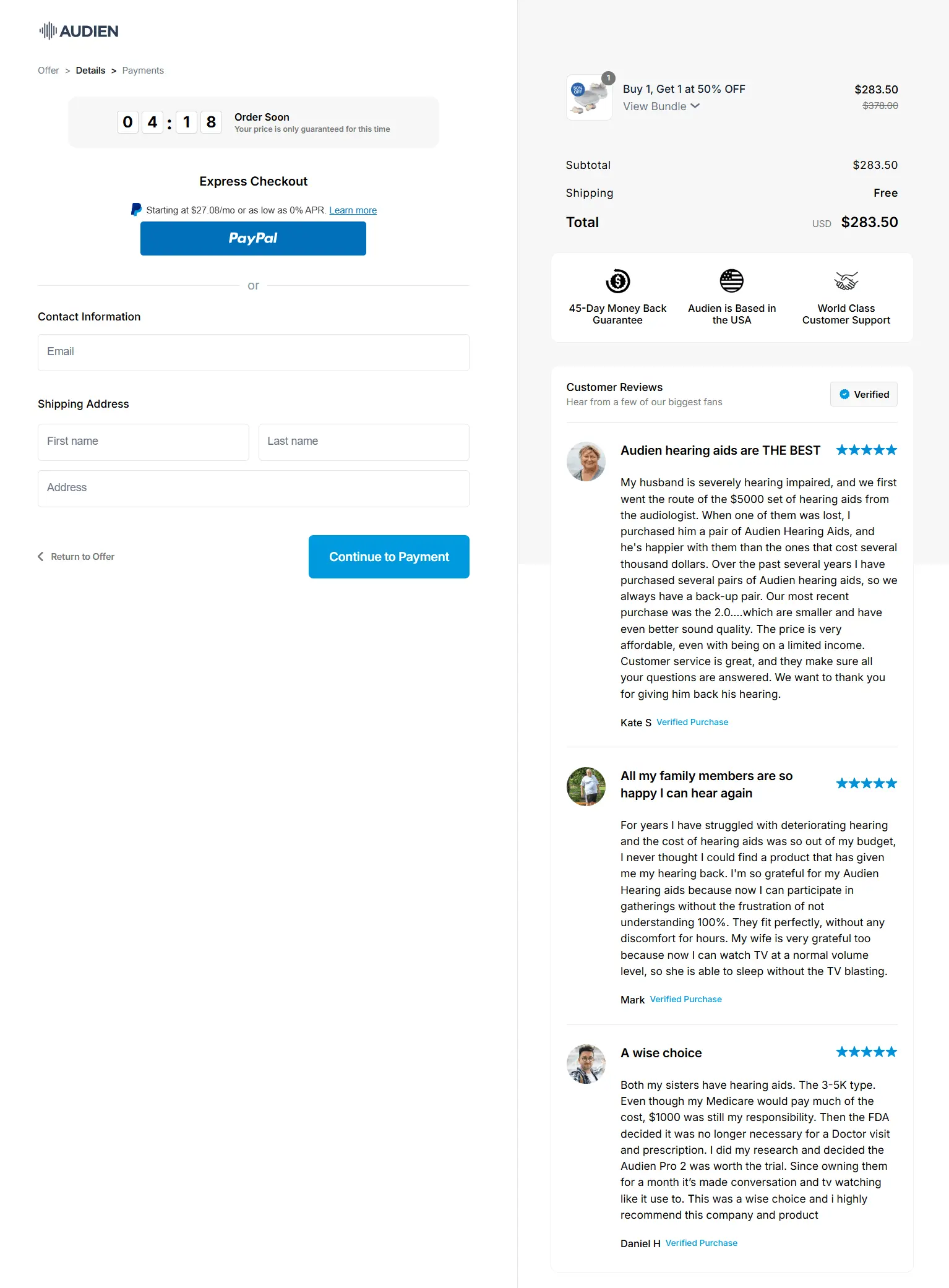 Audien Hearing Aids checkout page
